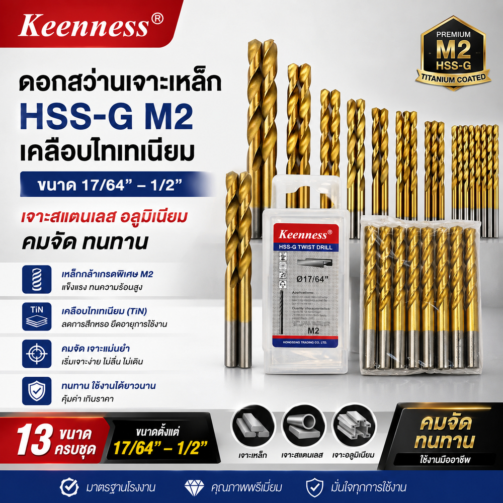 Keenness ดอกสว่านเจาะเหล็ก HSS-G M2 เคลือบไทเทเนียม ขนาด 17/64-1/2 นิ้ว เจาะสแตนเลส อลูมิเนียม คมจัด ทนทาน