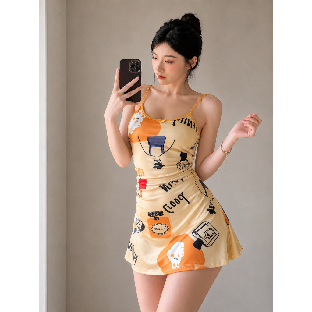 ชุดนอนเดรสสายเดี่ยวผู้หญิง มีบราในตัว ลายน่ารัก ผ้านุ่มใส่สบาย เซ็กซี่หวานๆ สไตล์เกาหลี