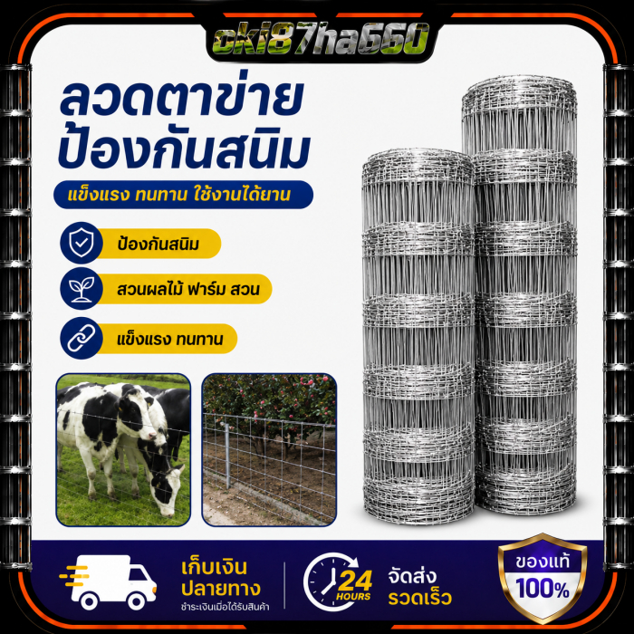 รั้วตาข่ายลวดแรงดึงหลายขนาด สูง1‑1.5เมตร ยาว30/50เมตร ตาข่ายถักปมเหล็ก ทนทาน สำหรับล้อมสวน ไร่ ฟาร์ม
