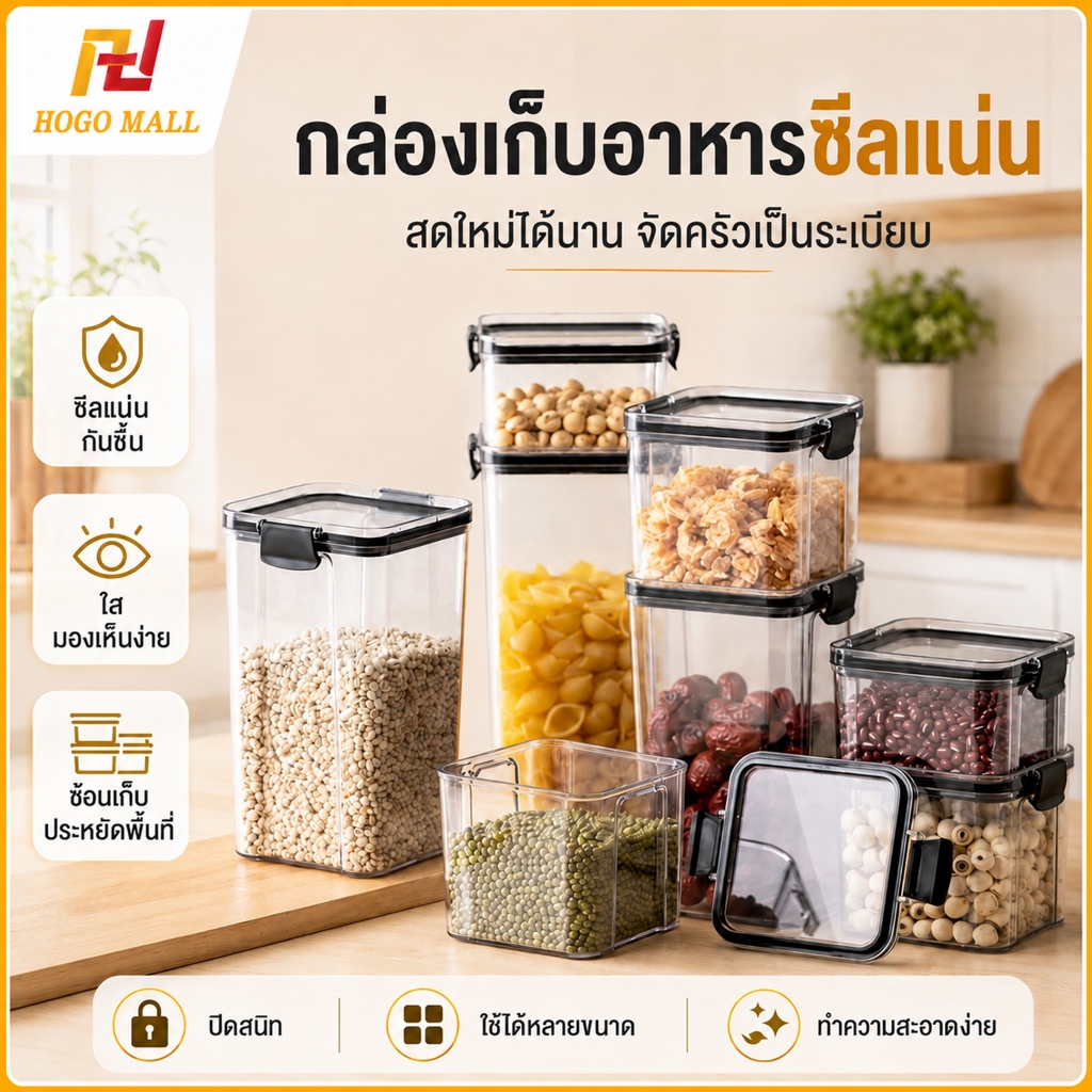 HOGO กล่องเก็บอาหารแห้ง PET ฝาล็อกซีลแน่น โปร่งใส ซ้อนเก็บได้ กล่องใส่ธัญพืช 460-1820ML