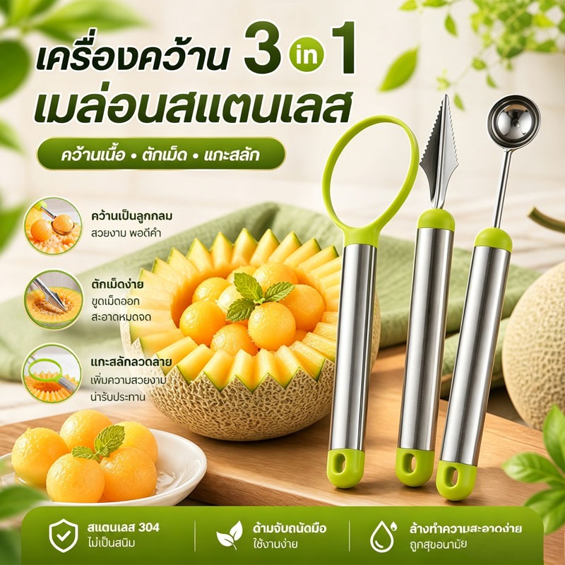 จัดส่งจากกรุงเทพ ชุดเครื่องคว้านผลไม้ 3in1 สแตนเลส ตักเม็ด แกะสลัก ตักลูกกลมผลไม้ ทำจานผลไม้สวยงาม