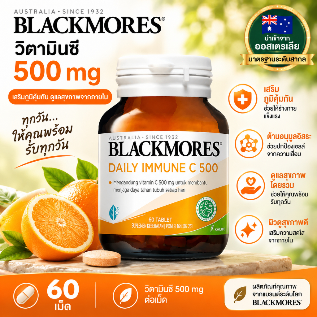Blackmores Daily Immune C 500 มก. 60เม็ด วิตามินซีเสริมภูมิคุ้มกันรักษาสุขภาพระบบภูมิคุ้มกันเหมาะเหมาะสำหรับทุก Exp.2028