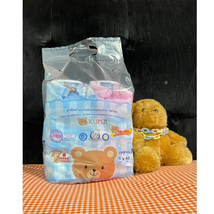 รุ่นใหม่ แพ็ค 6 ห่อ ทิชชู่เปียกคุมะ รุ่นฝาเปิด 45 แผ่น รวม 270 แผ่น KUMA เปียก