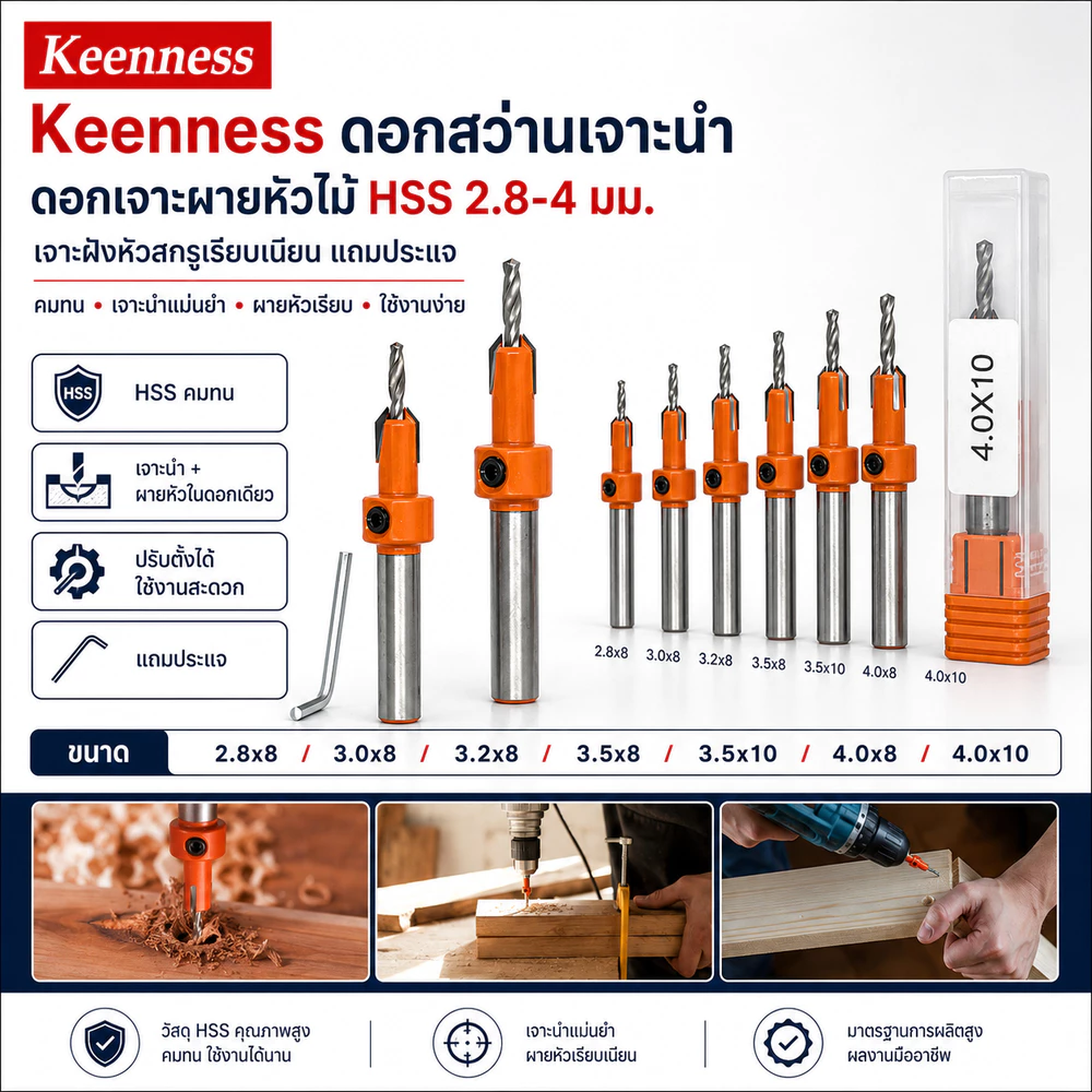 Keenness ดอกสว่านเจาะนำ ดอกเจาะผายหัวไม้ HSS 2.8-4 มม. เจาะฝังหัวสกรูเรียบเนียน แถมประแจ