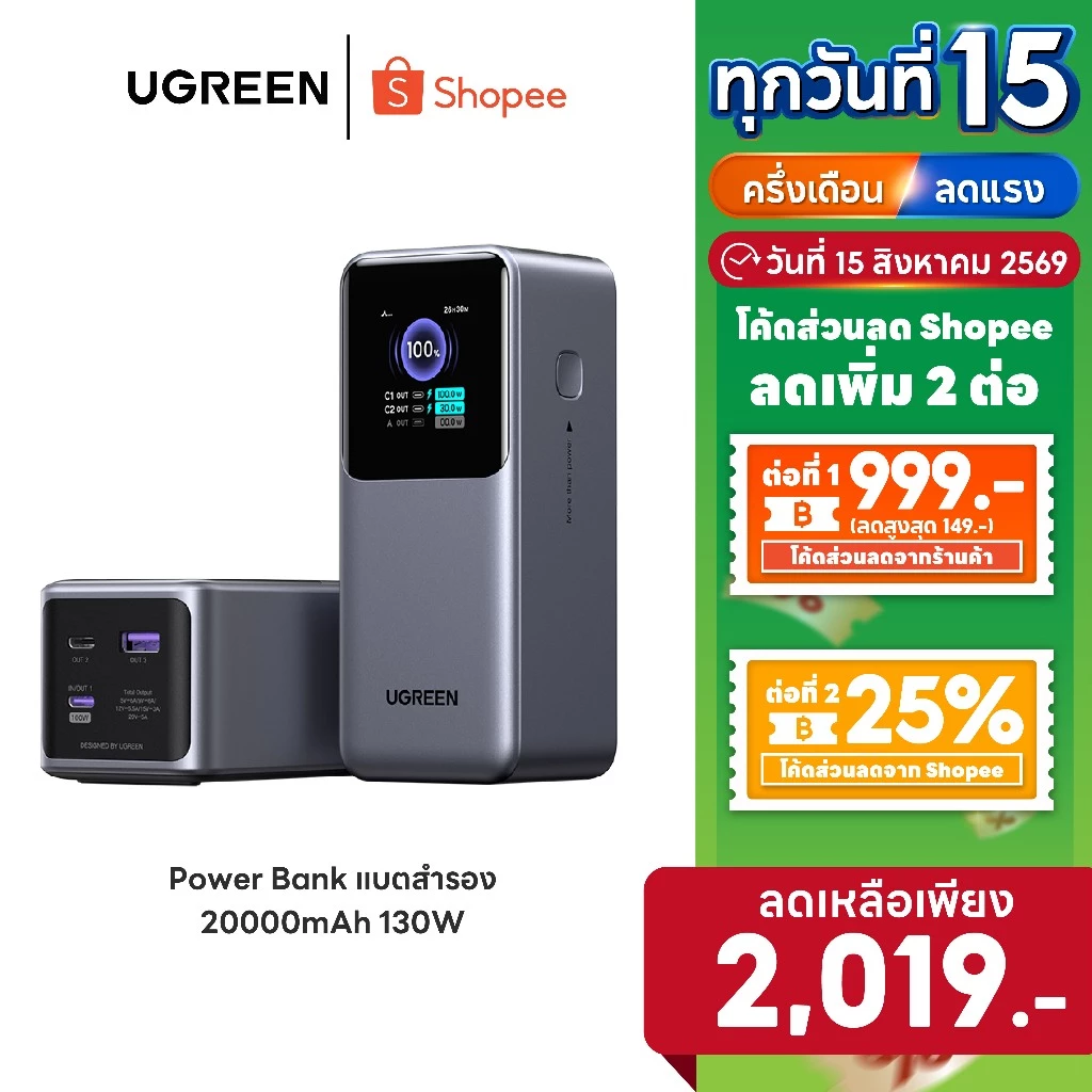 [ลดเหลือ 2019] UGREEN Power Bank แบตสำรอง 20000mAh 130W (2C1A) พาวเวอร์แบงค์ชาร์จเร็ว PD Fast Charging รุ่น 35524B
