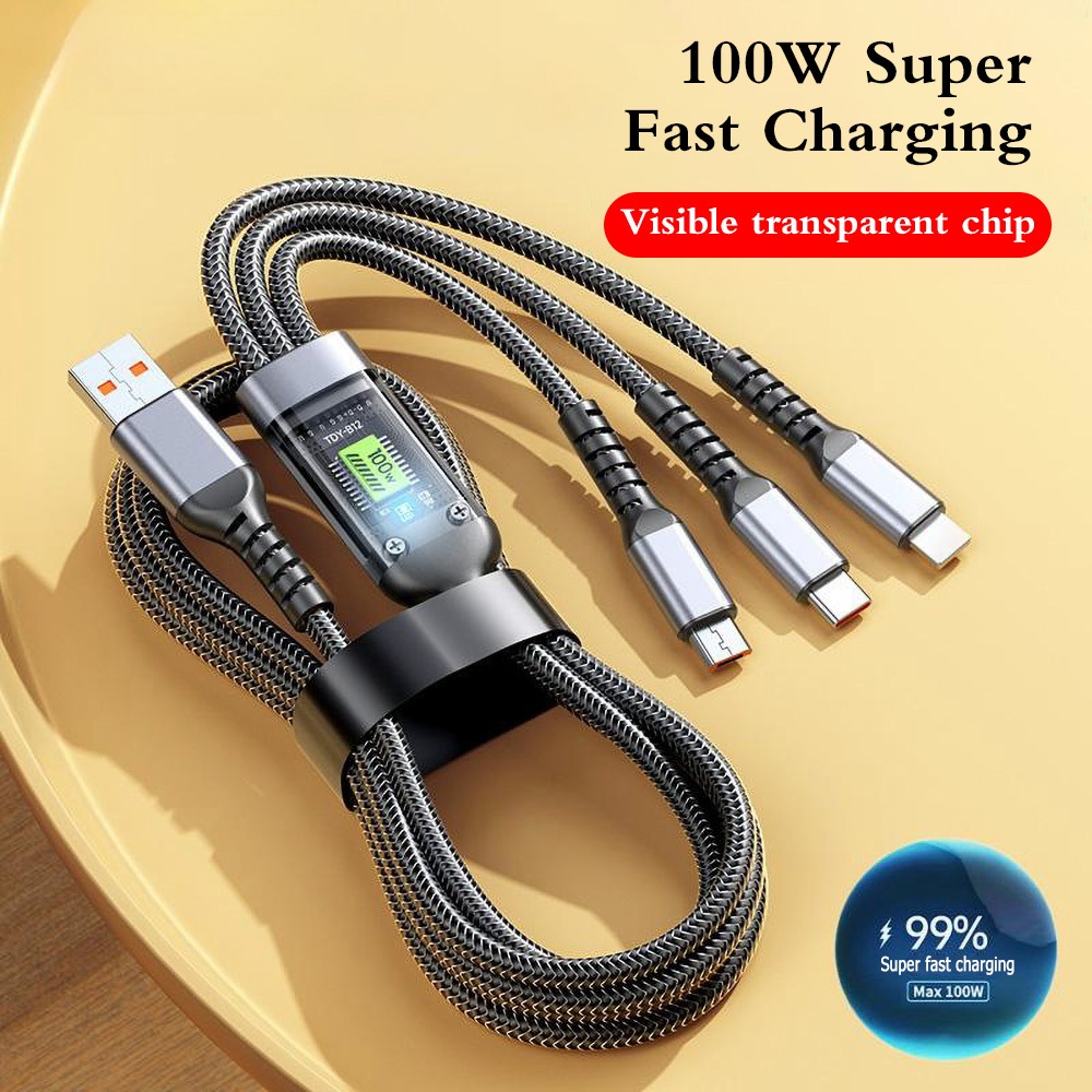 สายชาร์จ 3in1 Fast Charge 100W แบบถัก 1.2M รองรับ Lightning Micro USB Type-C QC