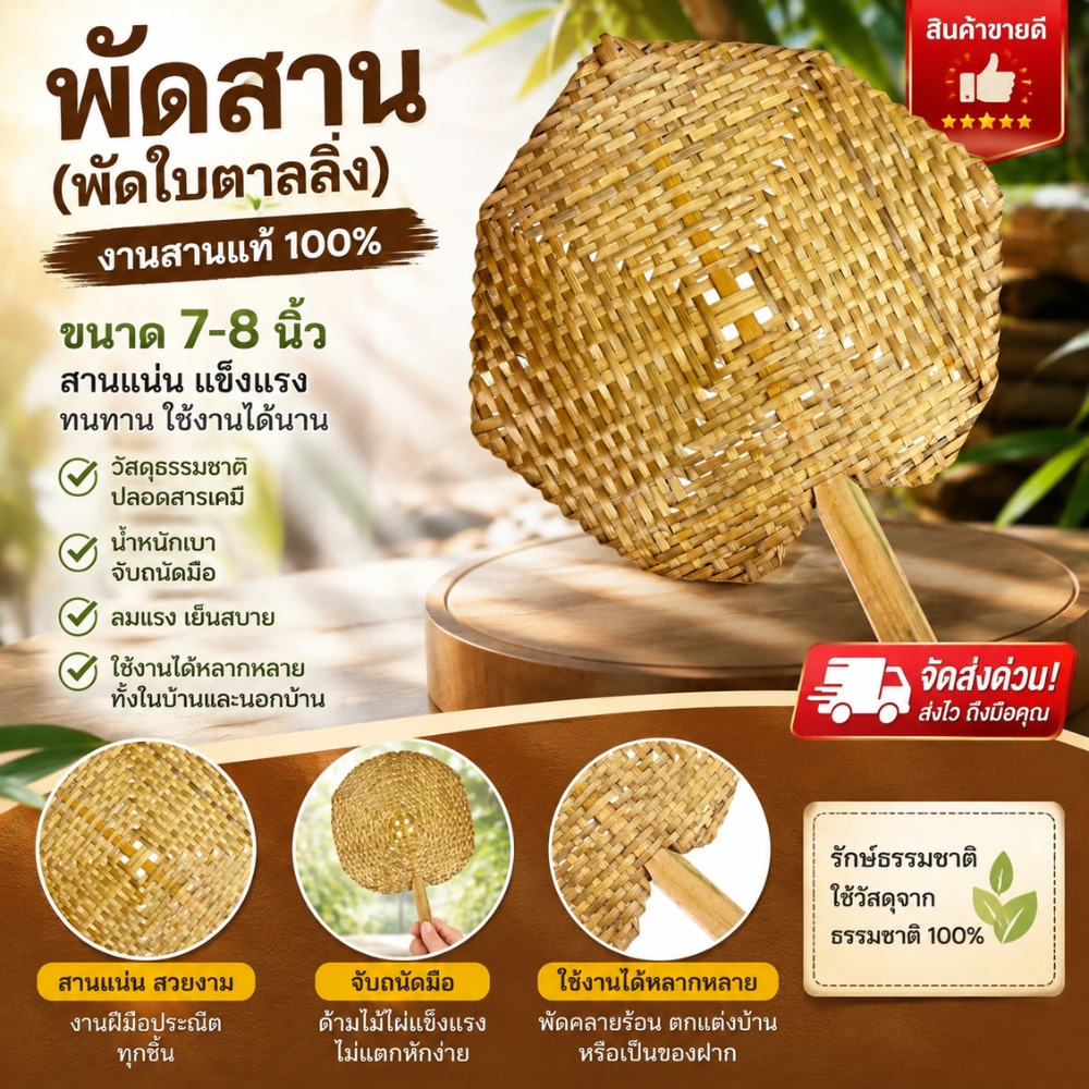 พัดสานไม้ไผ่ พัดมือจับโบราณ (พัดใบตำลึง) 7-8 นิ้ว ของใช้พื้นบ้าน งานจักสาน