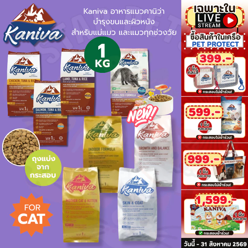 Kaniva อาหารแมวคานิว่า สำหรับแมวทุกช่วงวัย โซเดียมต่ำ ไม่เค็ม ขนาด 1 กิโลถุงแบ่งจากโรงงาน