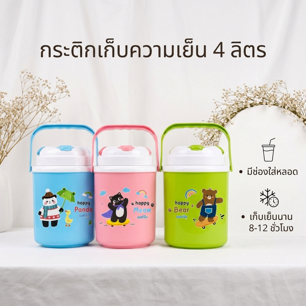 4L WR กระติกน้ําแข็ง กระติกน้ำเอสกิโม เก็บความเย็น 12 ชม. หูหิ้ว แบบพกพา + ช่องใส่หลอด HC380 มี 3 สี