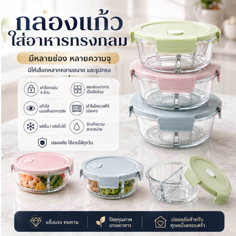 1ชิ้น กล่องแก้วใส่อาหารทรงกลม มีให้เลือก หลายขนาด หลาย ML ฝาล็อก 4 ด้าน แบ่งช่อง  เป็นระเบียบ เหมาะสำหรับพกพา