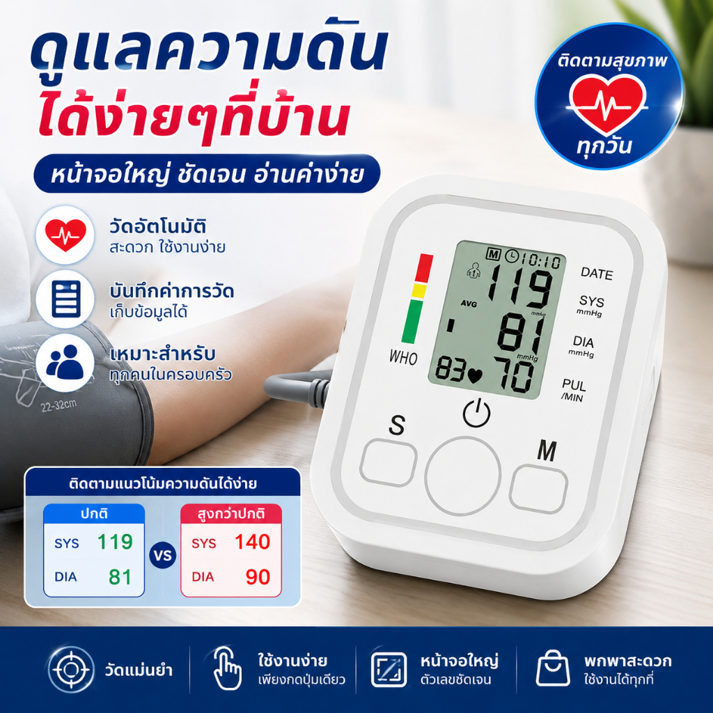 เครื่องวัดความดันโลหิตดิจิตอล อัตโนมัติ หน้าจอใหญ่ ใช้งานง่าย วัดความดันและชีพจร เหมาะสำหรับใช้ที่บ้านเครื่องวัดความดันพ