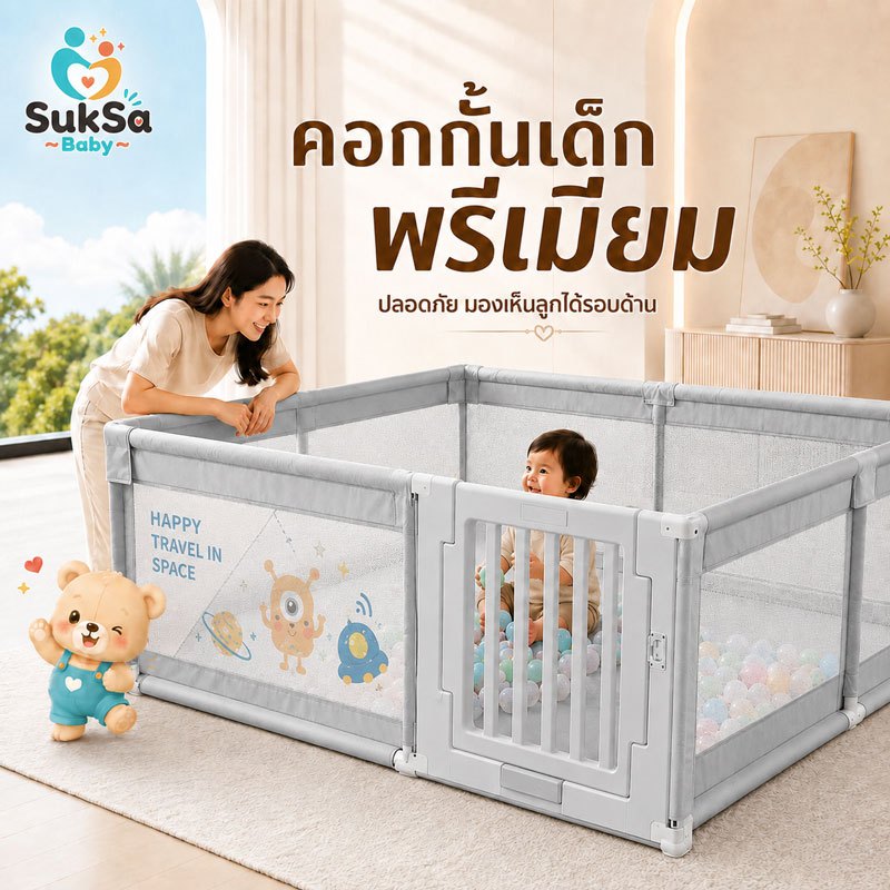 คอกกั้นเด็ก คอกเด็ก เพลย์เพนเด็ก มีประตูเปิด-ปิด ตาข่ายระบายอากาศ มองเห็นลูกได้รอบด้าน