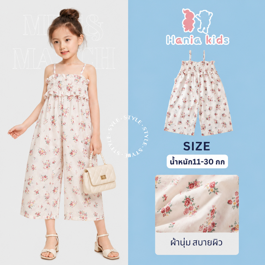 Hania Kids พร้อมส่ง ชุดจั๊มสูทเด็กผู้หญิงลายดอกไม้ ดอกกุหลาบ น่ารัก ใส่สบาย K6126255
