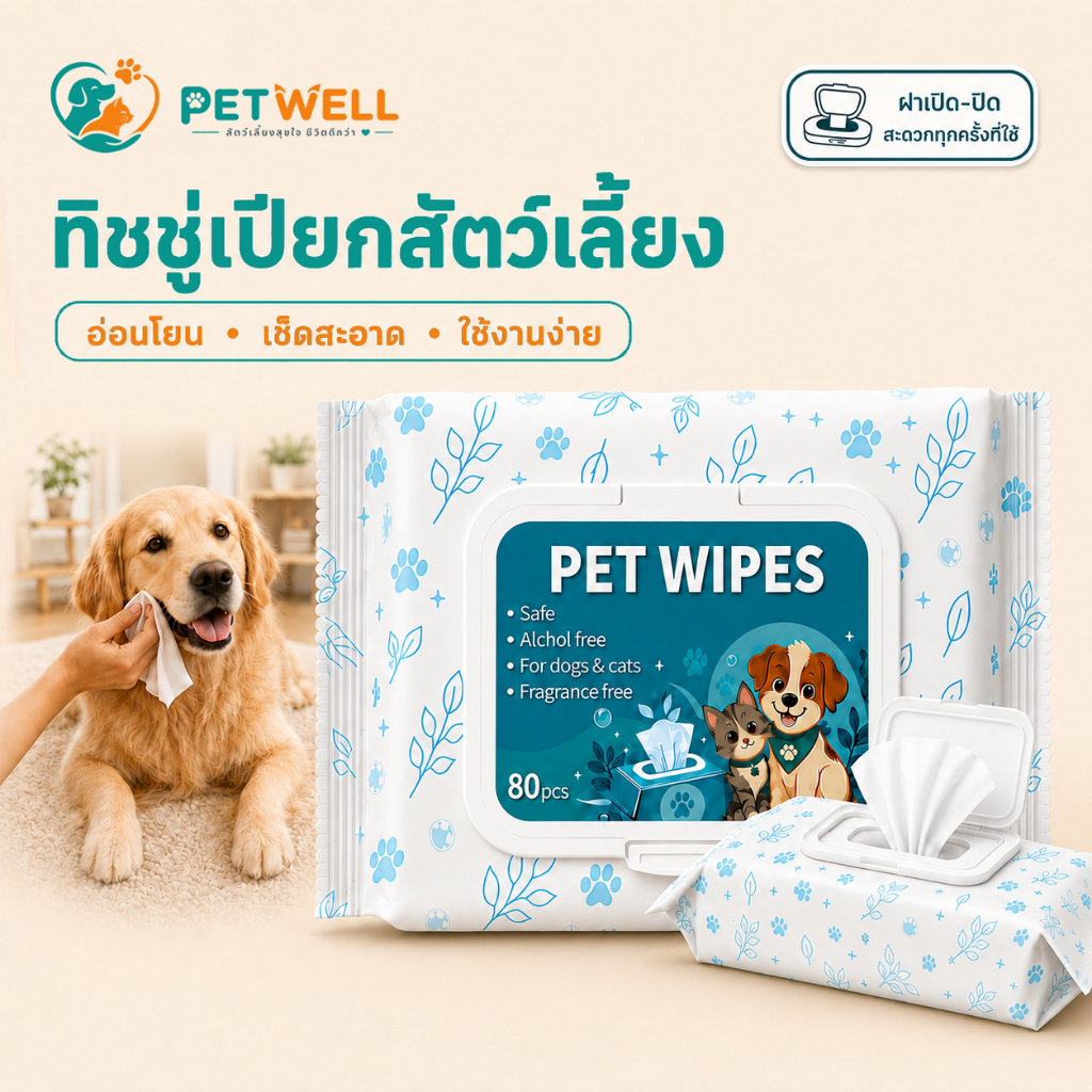 ผ้าเช็ดทำความสะอาดสำหรับสัตว์เลี้ยง บรรจุ 80 ชิ้นต่อแพ็ค ปราศจากแอลกอฮอล์และน้ำหอม เหมาะสำหรับสุนัขและแมว