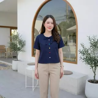 เสื้อผ้าฝ้ายผู้หญิง คอกลม ผูกโบว์ดอกทิวลิป กระดุมสีพาสเทล ผ้าฝ้ายชินมัย ผ้าดีใส่สบาย