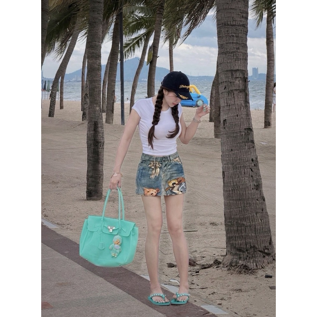 กระโปรงยีนส์สั้น แต่งงลายน้องหมี ทรงสวยน่ารักสุดๆ smLXL ถึง4xL