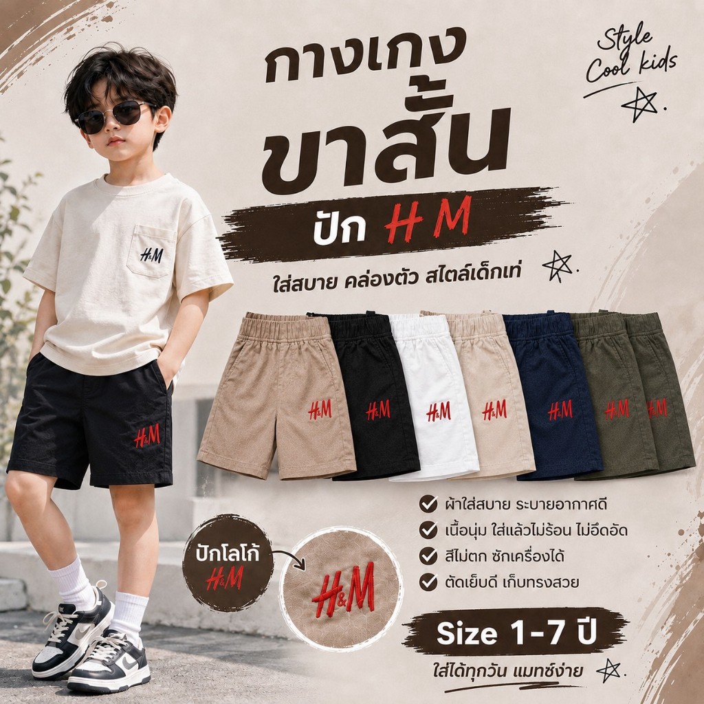 🎉💥มาใหม่💥🎉 กางเกงขาสั้นปัก HM สำหรับเด็กอายุ 1-7 ปี  ใส่สบาย คล่องตัว สไตล์เด็กเท่ ไม่ซ้ำใคร
