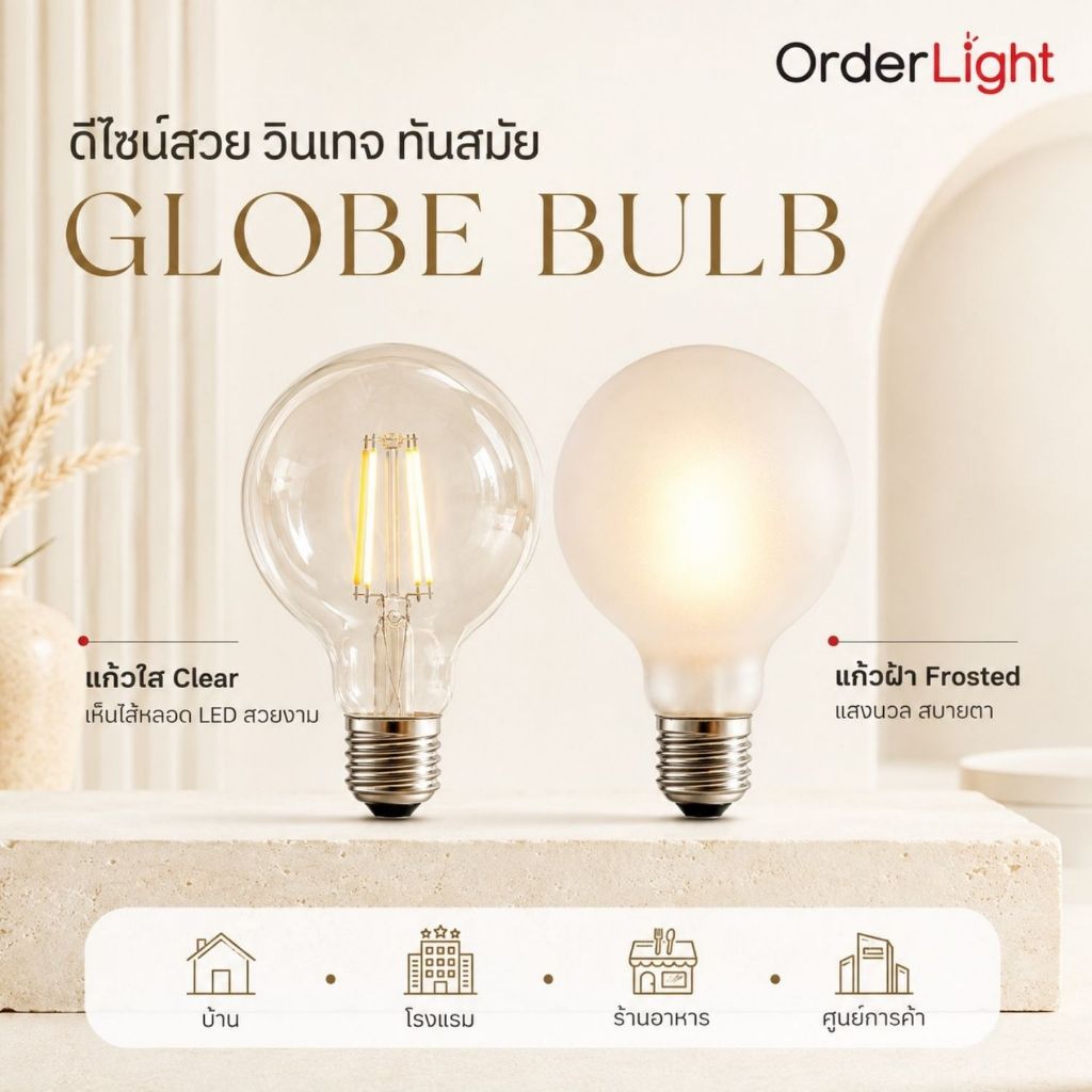 OPPLE หลอดไฟวินเทจ LED Filament Globe Bulb รุ่น EcoMax ขั้ว E27 (6W/8W) ทรงกลม แก้วใส/แก้วฝ้า ถนอมสายตา รับประกัน 3 ปี