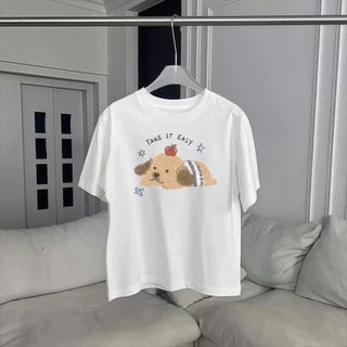 เสื้อ Boxy tee สไตล์เกาหลี ผู้หญิง พิมพ์ลายกระรอกโบว์น่ารัก ทรงกว้าง แขนสั้น ผ้าคอตตอน ใส่สบาย