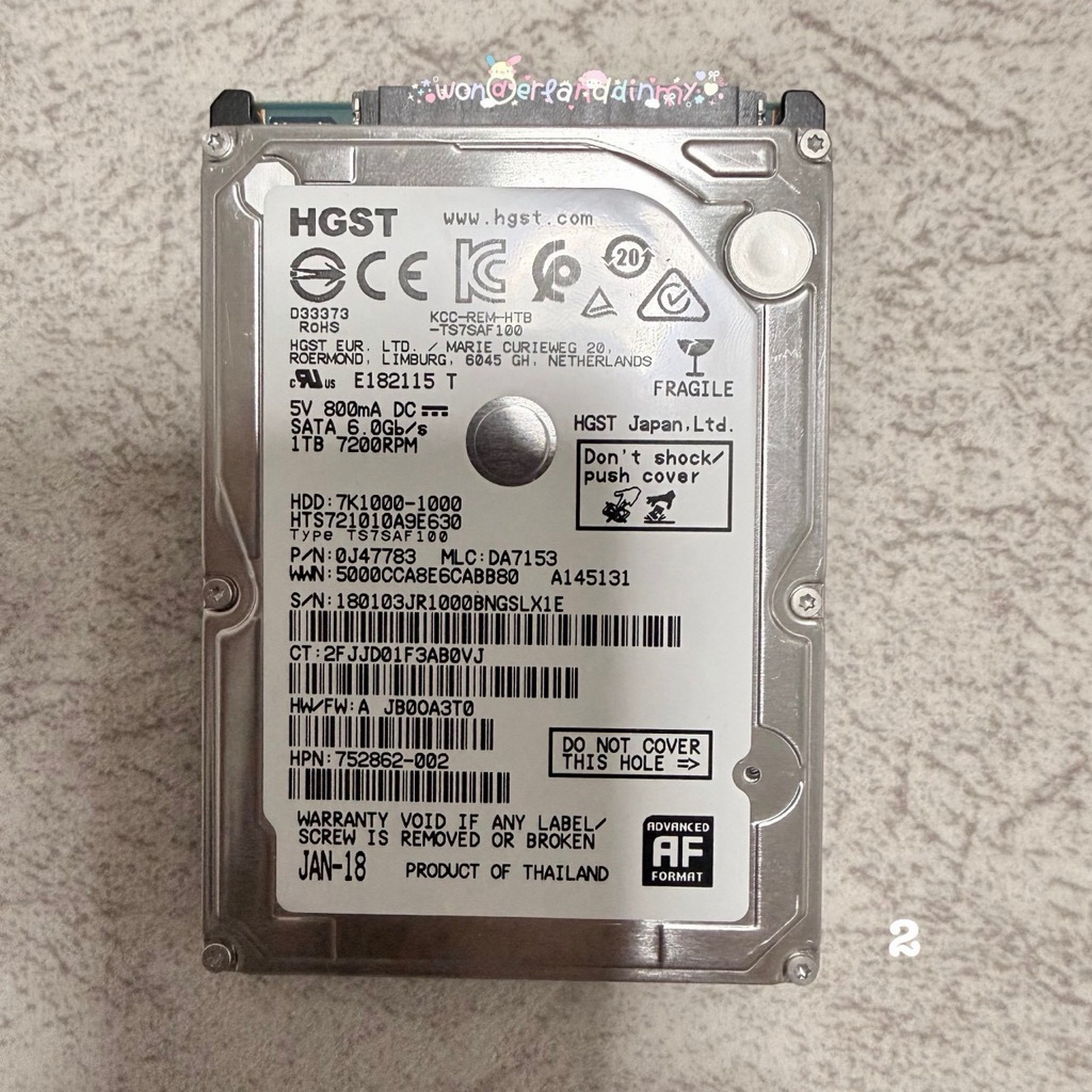 ฮาร์ดดิสก์(Hard Disk) 2.5" HGST มือสอง 1TB. มีผลตรวจสอบจาก CrystalDiskInfo (2)