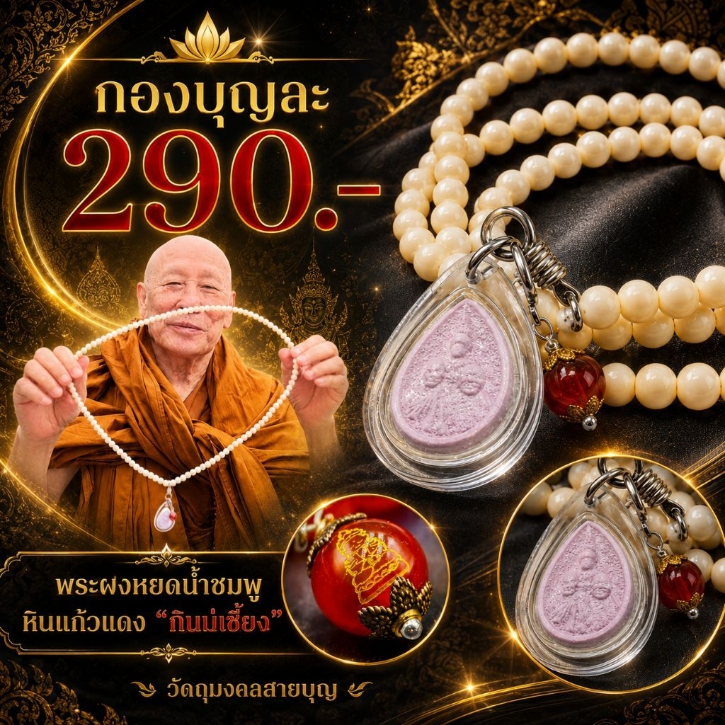 พระผงหยดน้ำชมพู เศรษฐีบารมีล้น หลวงตาม้า วัดถ้ำเมืองนะ พร้อมประคำขาว