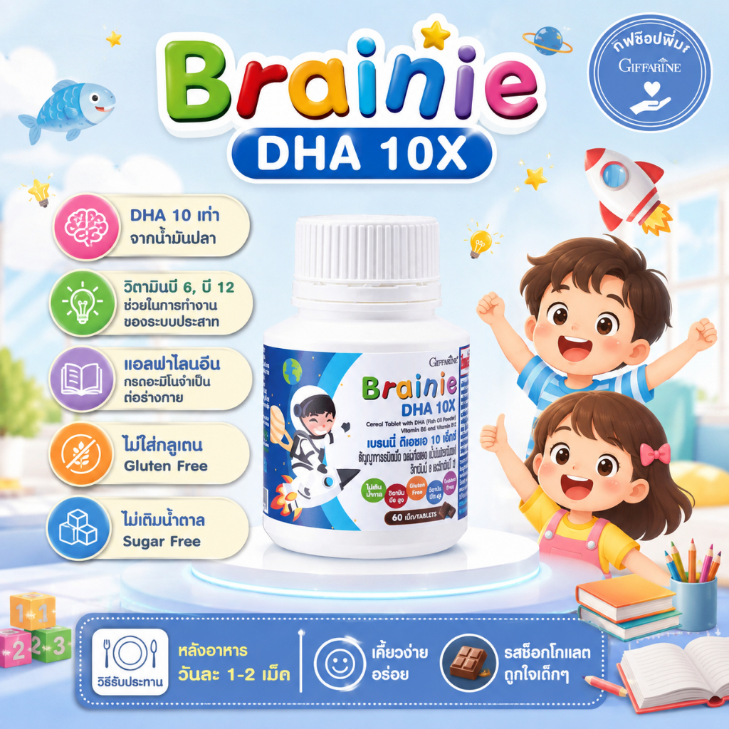 วิตามินเด็ก อาหารเสริมเด็ก กิฟฟารีน ดูแลสอง สมาธิ  Brainie DHA 10X  น้ำมันปลา วิตามิน B6 B12 รสช็อกโกแลต 60 เม็ด