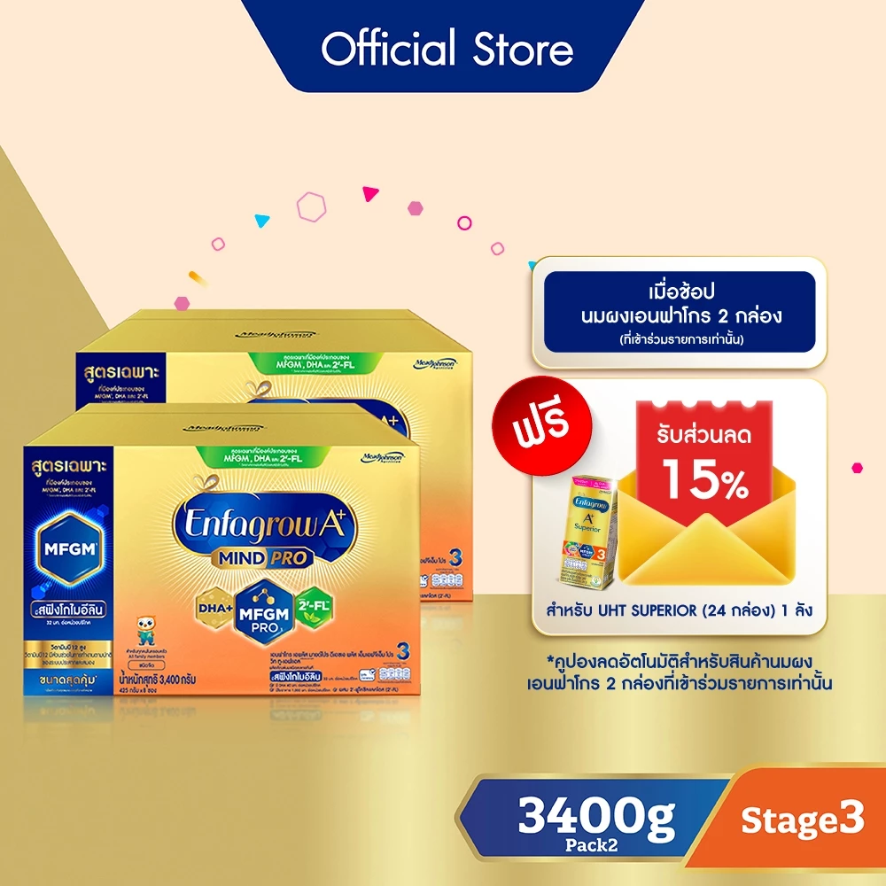 นมผง เอนฟาโกร เอพลัส มายด์โปร สูตร3 ชนิดจืด (3400 กรัม) x2 กล่อง Enfagrow A+ MindPro Stage3 (3400 g) x2 packs