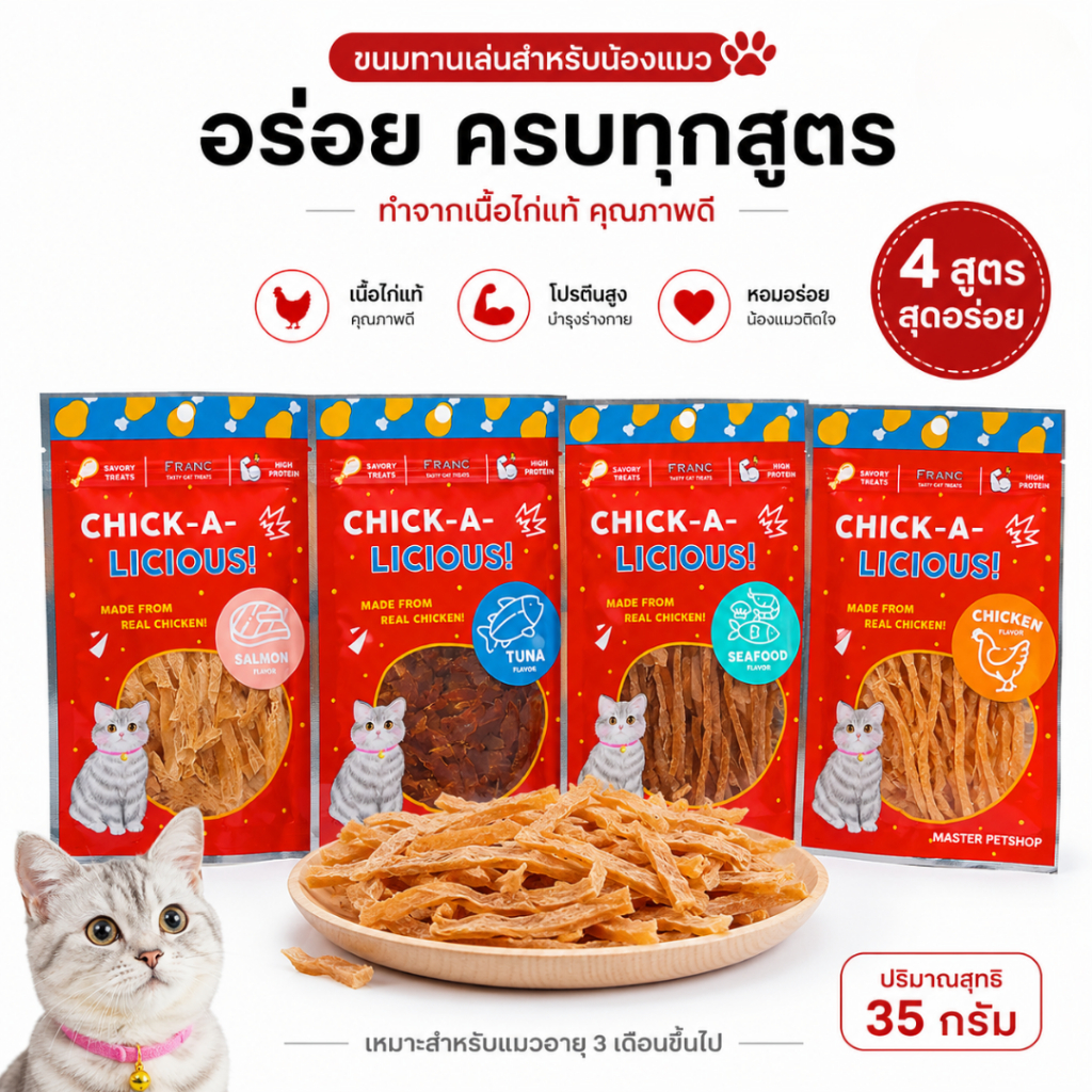 FRANC ขนมแมว ไก่อบแห้ง 4 รสชาติ แซลมอน ทูน่า ซีฟู้ด ไก่ 35g โปรตีนสูง ทอรีน ไม่เติมเกลือ/น้ำตาล