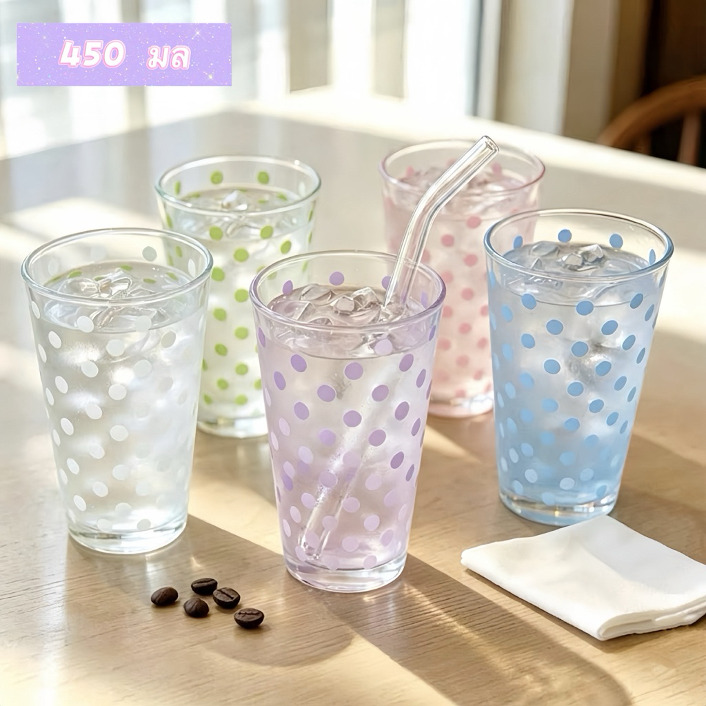 แก้วน้ำ (แถมหลอดแก้วใส) ลายจุด สีฟ้า ชมพู ม่วง 450 มล วัสดุแก้ว สไตล์เกาหลี