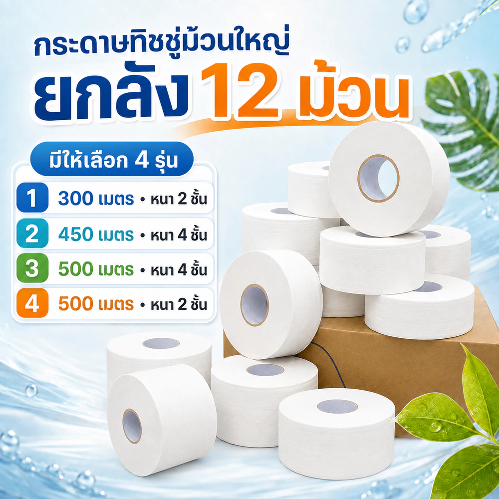 ☘️📦 [12ม้วน ยกลัง] กระดาษชำระ หนา4 ชั้น ยาว500,300,450เมตร/ม้วน กระดาษทิชชู่ กระดาษชำระม้วนใหญ่ ☘️