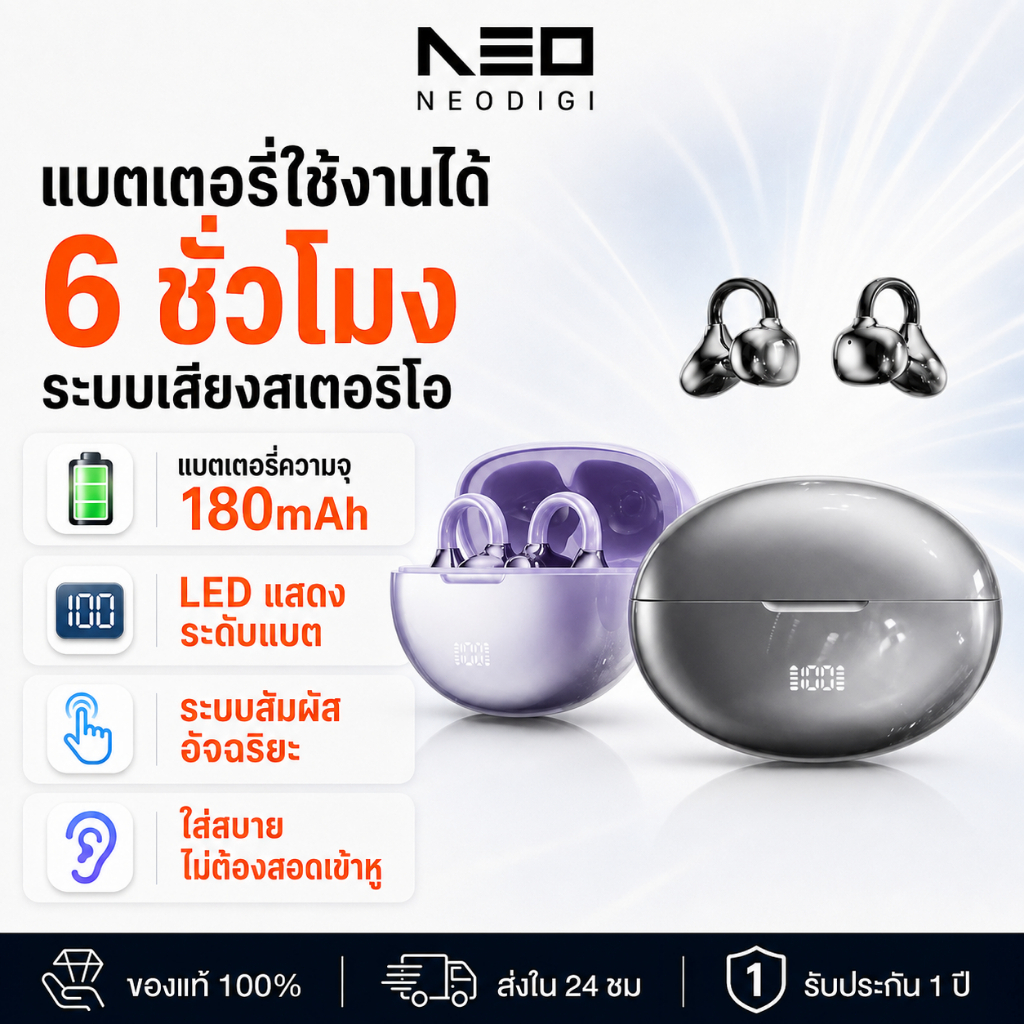 NEODIGI J235 หูฟังบลูทูธ หูฟังแบบหนีบหู Bluetooth 5.3 Ipx5 ไมโครโฟนในตัว หูฟังไร้สาย หูฟังclipon สมา