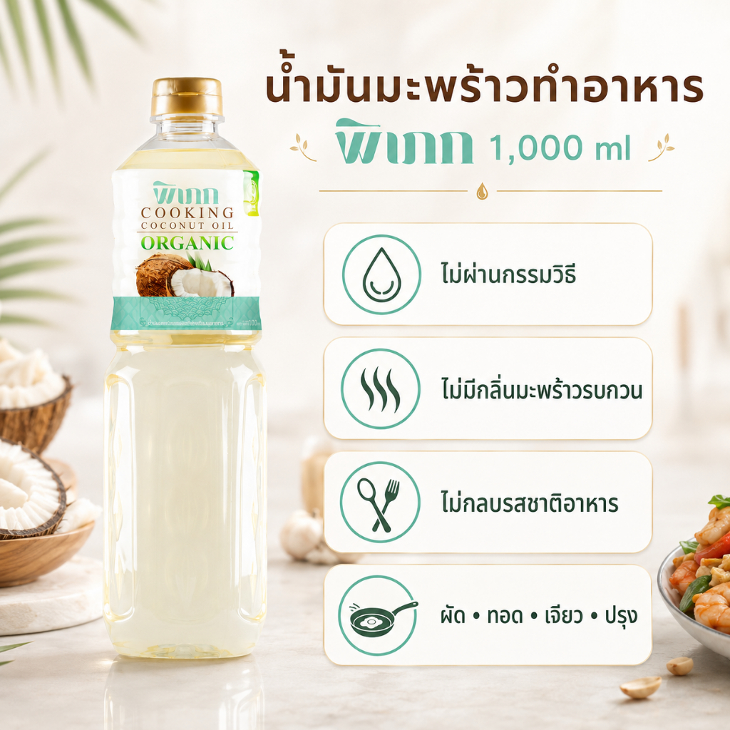 น้ำมันมะพร้าวทำอาหาร พิเภก 1000ml น้ำมันทำอาหารออร์แกนิก ไม่ผ่านกรรมวิธี Coconut Cooking Oil รูปที่ 3