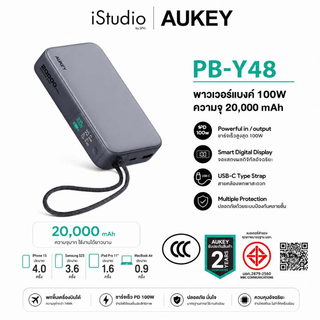 AUKEY PB-Y48 พาวเวอร์แบงค์ชาร์จเร็ว Spark Sling ความจุ 20000mAh รองรับชาร์จเร็ว PD 130W - แบตเตอรี่ส