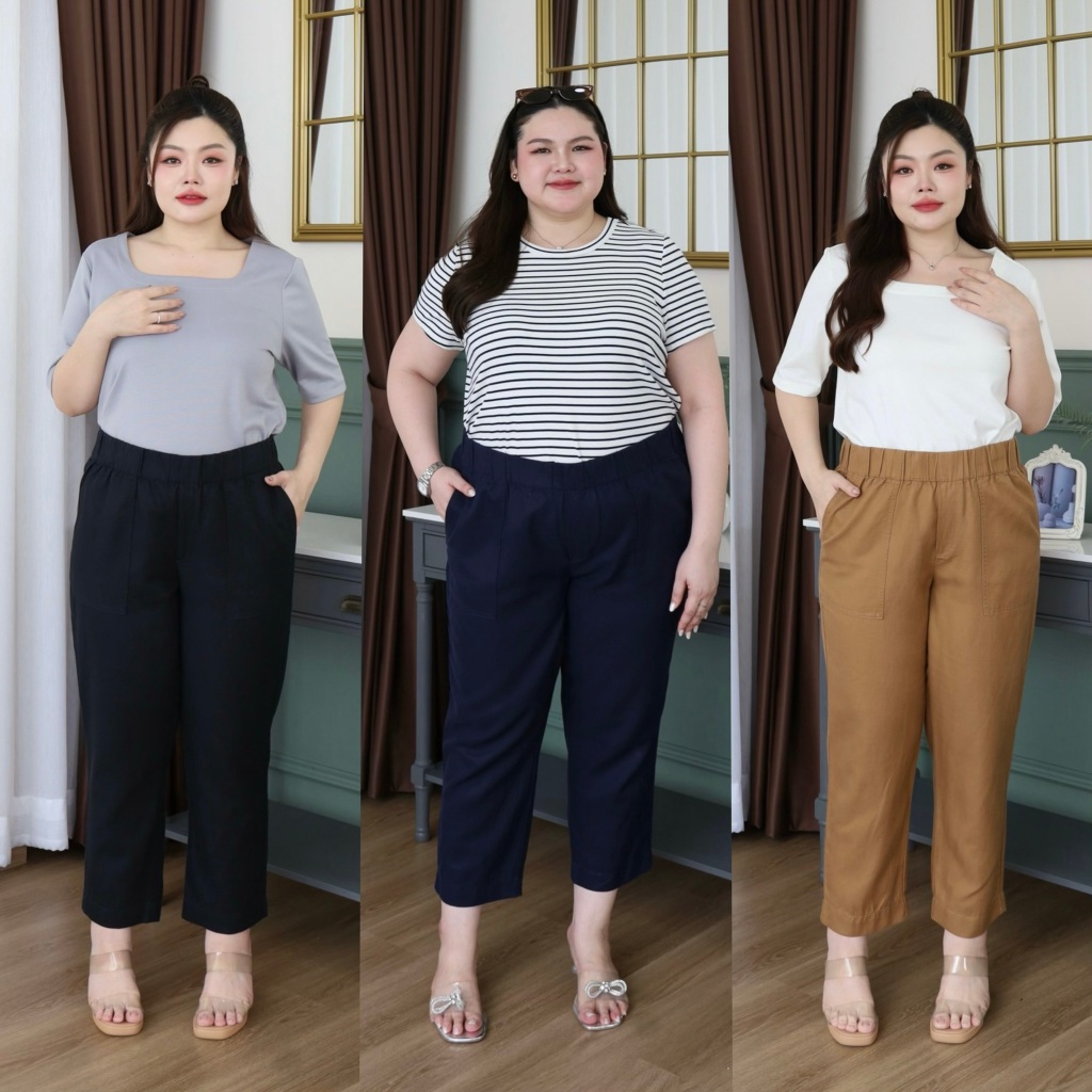 กางเกง 7 ส่วน กางเกงขายาวสาวอวบ ผ้าคอตตอนผสมลินิน เนื้อดี ทิ้งตัว ใส่สบาย กางเกงพลัสไซส์ กางเกงไซส์ใหญ่ T400-0211