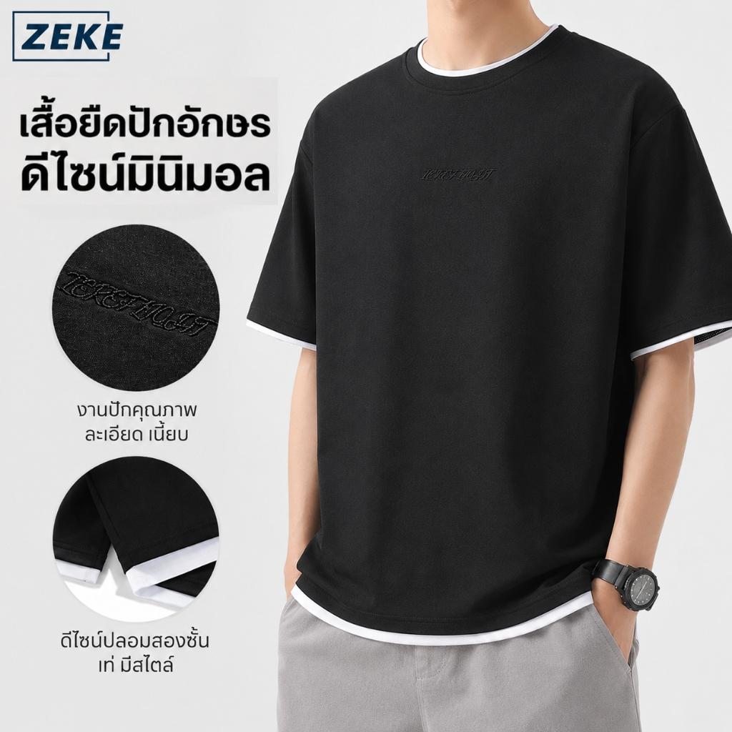 ZEKE A9108 เสื้อยืดแขนสั้นปักลายแบบลำลองสำหรับผู้ชาย