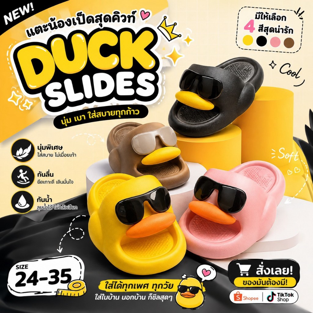 YP-600 รองเท้าแตะเด็กผู้หญิง-เด็กผู้ชาย ลายเป็ดน่ารัก พื้นนุ่ม กันน้ำ พร้อมส่ง 24-35