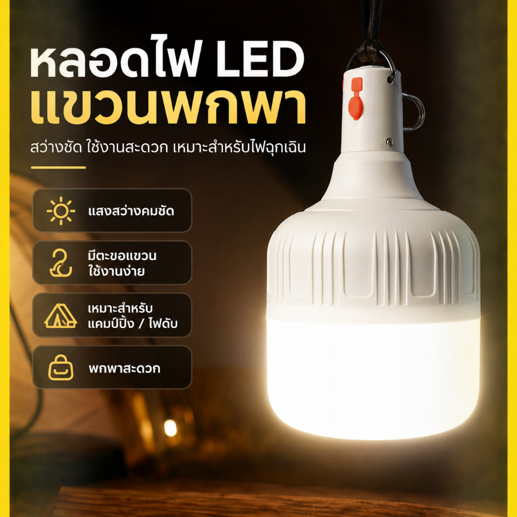 หลอดไฟ LED ชาร์จไฟได้ ใช้งานได้นาน ประหยัดพลังงาน ปรับแสงได้ 3 โหมด พกพาสะดวก ใช้งานง่าย เหมาะสำหรับไฟฉุกเฉินและการใช้งา