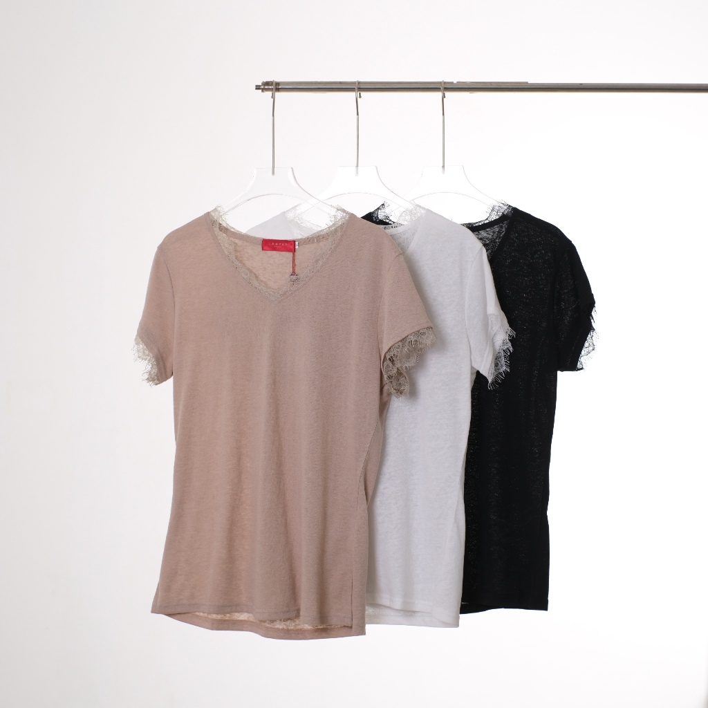Lawyer Store  [ 8201432 ] เสื้อยืดแขนสั้น คอวี แต่งคอลูกไม้ ผ้าสลาฟเกาหลี เนื้อผ้ายืด ระบายอากาศได้ดี เสื้อคอกลม เสื้อผู