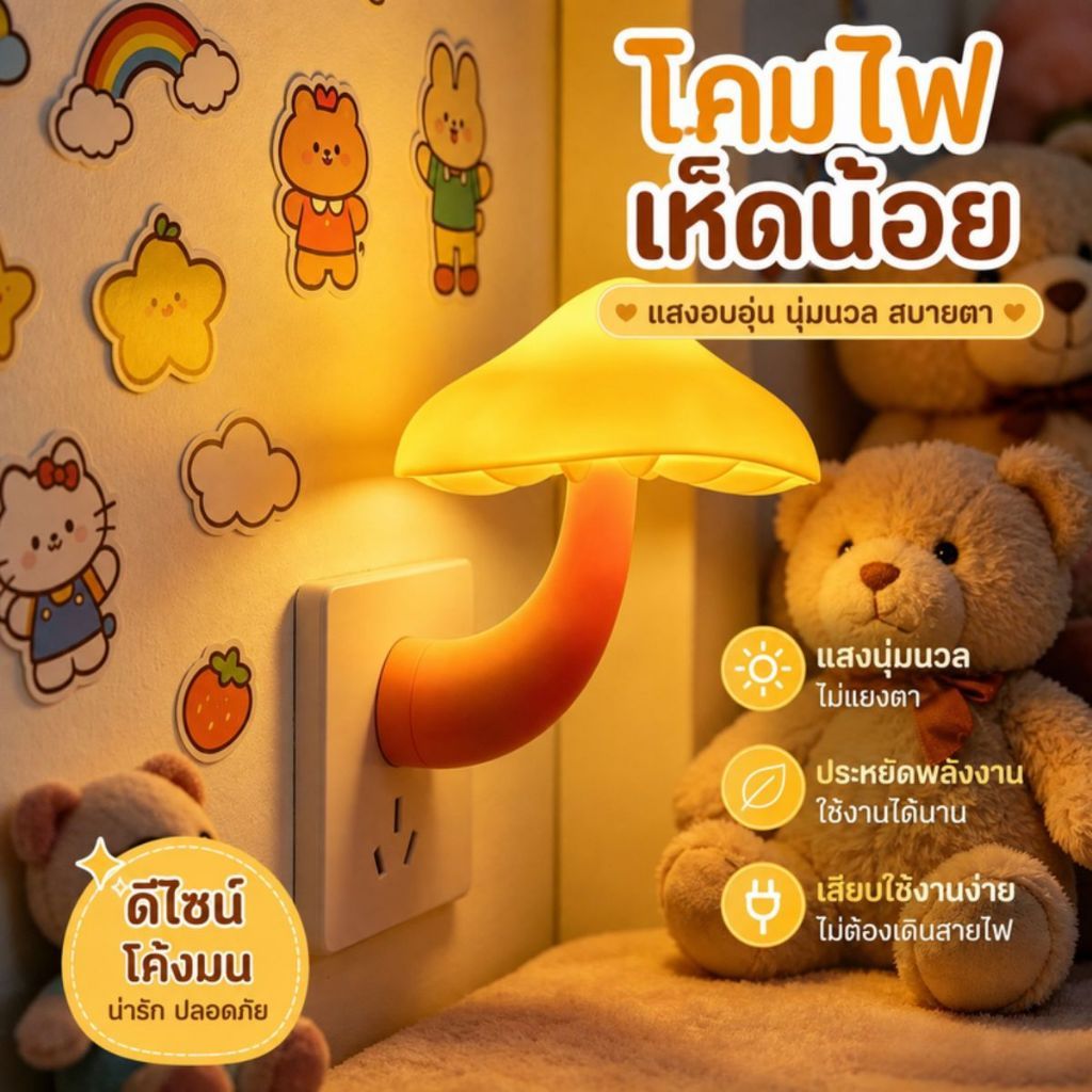 โคมไฟติดผนังห้องนอน โคมไฟกลางคืน LED แบบเสียบปลั๊กทางเดิน รูปเห็ดขนาดเล็ก