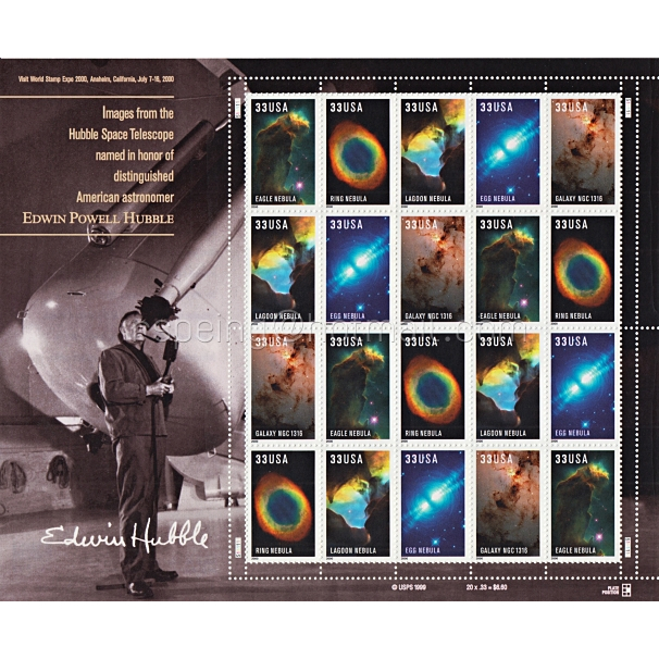 แสตมป์เต็มแผ่นสหรัฐฯ Edwin Powell Hubble 2000 ชุด Hubble Space Telescope Scott 3384-3388