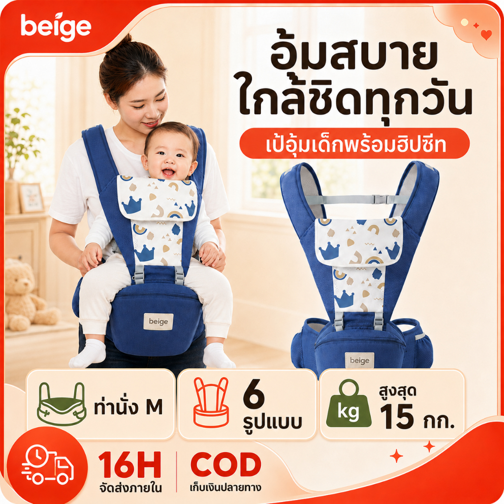 Beige เป้อุ้มเด็ก ที่เก็บได้ สะดวกต่อการพกพา ประหยัดแรงและปกป้องเอว เหมาะสําหรับช่วง 0-36 เดือน