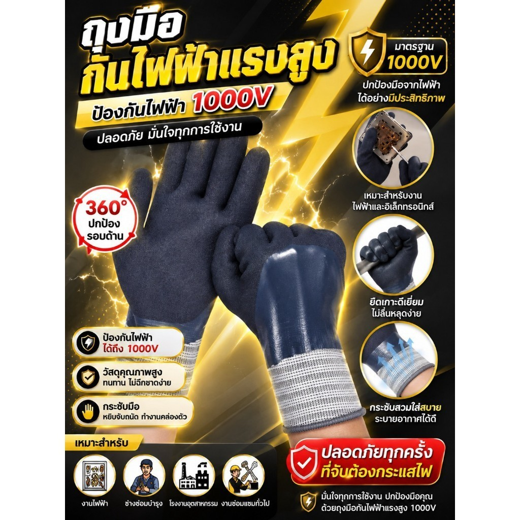 YP-602 ถุงมือช่างอเนกประสงค์ กันไฟฟ้า 1000V กันลื่น ใส่กระชับ สำหรับงานไฟฟ้า งานซ่อม
