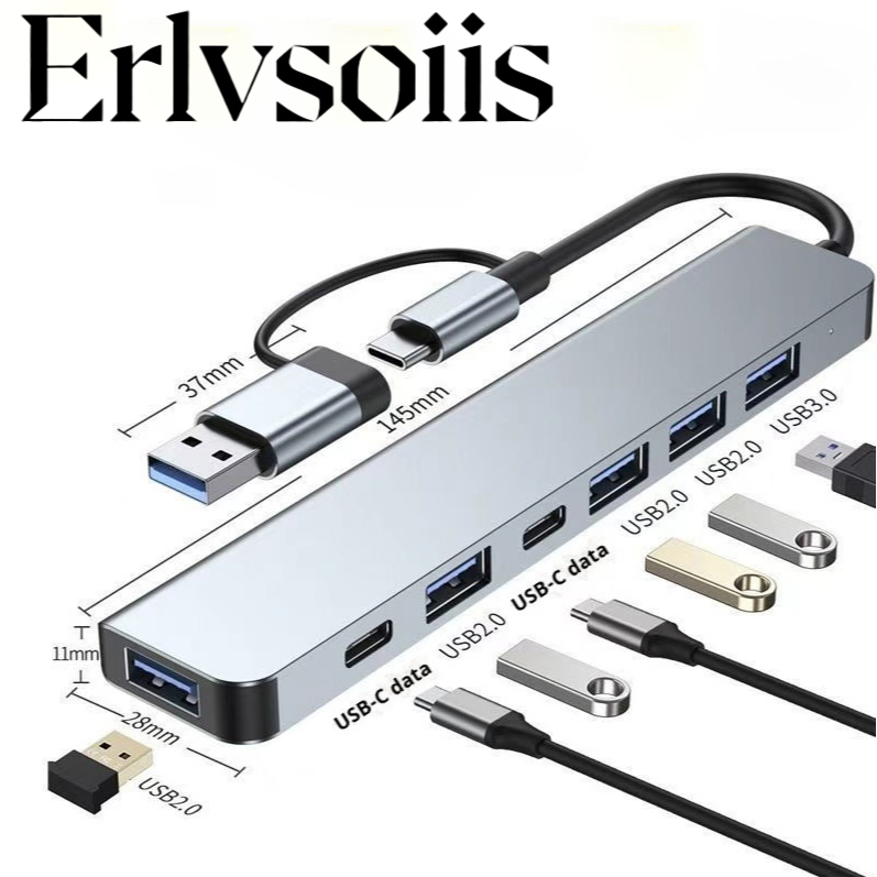 Erlvsoiis ฮับ 7‑in‑1 USB‑A+Type‑C ตัวขยายพอร์ต USB3.0 USB2.0 Type‑C Data อลูมิเนียม สำหรับแล็ปท็อป