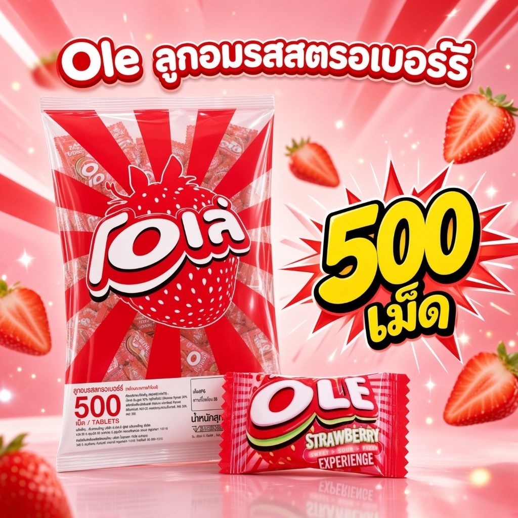 [แพ็ค500เม็ด] Ole ลูกอมโอเล่ รสสตรอเบอร์รี่ ลูกอมถุงใหญ่