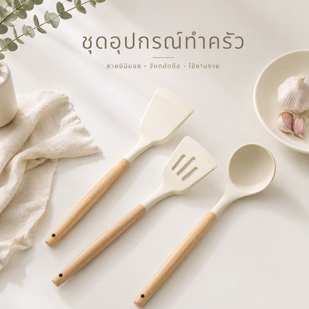 ตะหลิว ชุดเครื่องครัว ตะหลิวซิลิโคน ทัพพี กระบวย สำหรับทำอาหาร/ที่ตักอาหาร ทนความร้อน ชุดไม้พาย