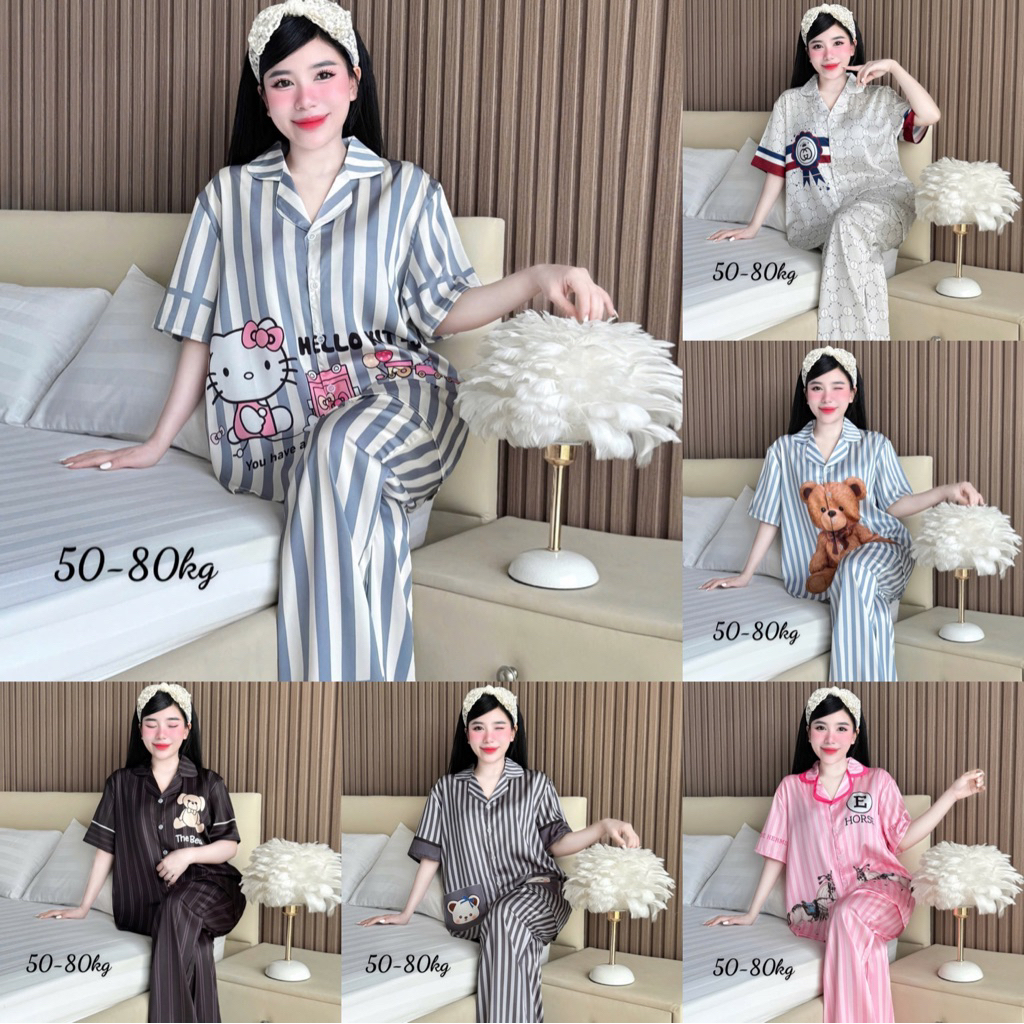 งานขายดี ชุดนอนแขนสั้น-ขายาว ผ้าไหมsilk satin(ฟรีไซส์ อก-44")