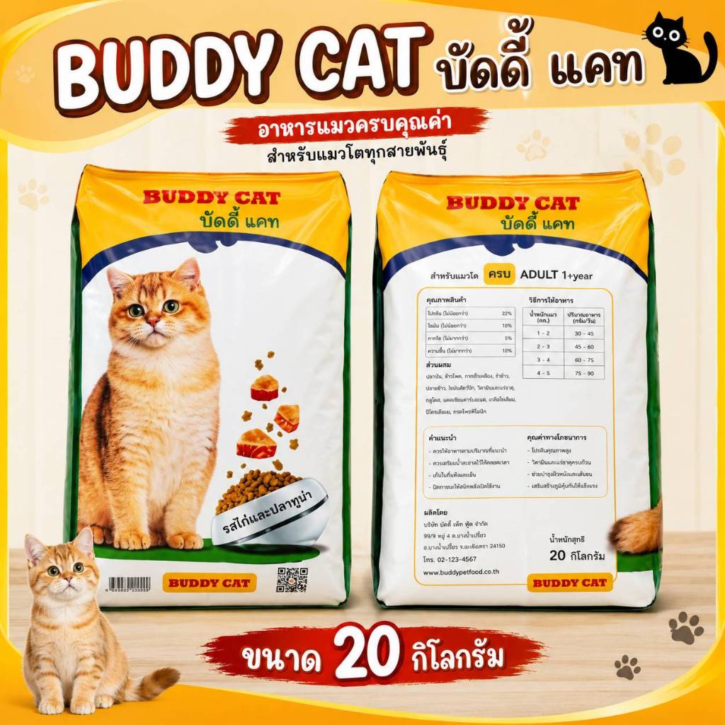 อาหารแมว BUDDY CAT บัดดี้แคท แบบกระสอบ 20 ถุง/กระสอบ (ถุง 1กิโลกรัม ) และ กระสอบ 10กก.