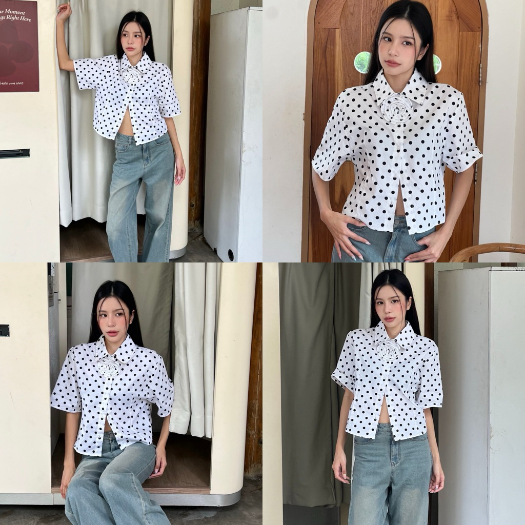 Sawatbt "Rosy crop" เสื้อครอปคอปกกระดุมหน้าลายจุด มาพร้อมเข็มกลัดกุหลาบ