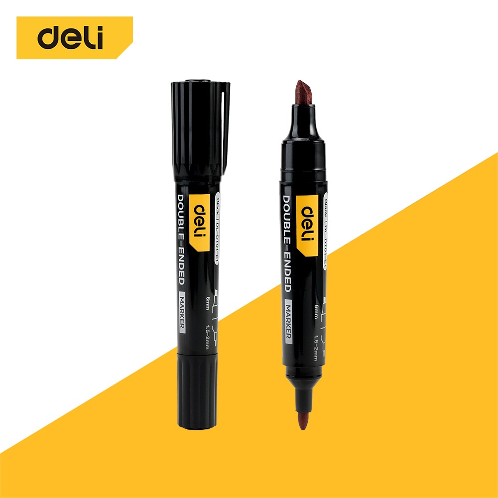 Deli มาร์กเกอร์ ปากกามาร์คเกอร์2หัว หัวตัดและกลม เขียนพลาสติก ไม้ กระดาษ หมึกชัด ใช้ได้นาน Marker