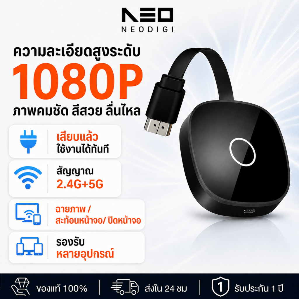 NEODIGI UA45 อุปกรณ์แคสต์จอไร้สาย สะท้อนหน้าจอ Full HD 1080P 60Hz รองรับ wifi 2.4/5G & P2P ดูจอใหญ่คมชัด